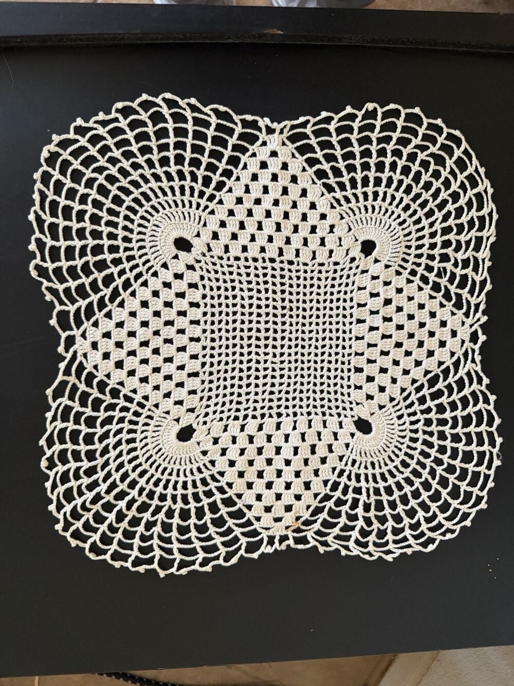 Vintage Hand Crocheted Square Doily Cream Cotton Lace Farmhouse Cottage Decor